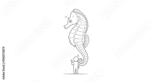 Whimsical line art showcasing a curious small figure encountering a giant seahorse
