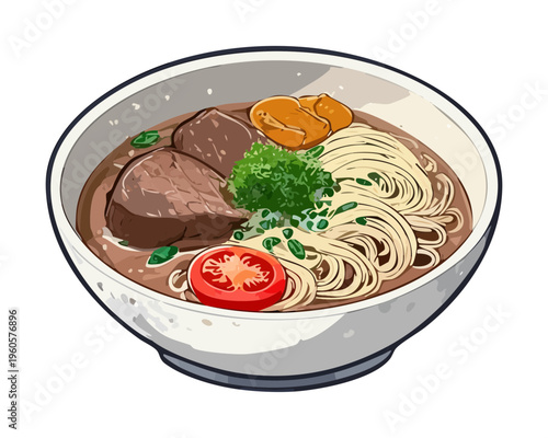 Soft Tofu In Savory Broth With Green Herb Garnish In Blue Bowl - Vector Illustration