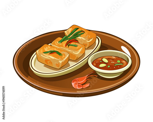 Spicy Noodle Soup With Sliced Beef And Fresh Green Vegetable Garnish - Vector Illustration