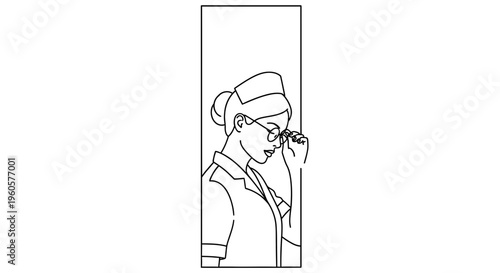 Dedicated Healthcare Professional Adjusting Eyeglasses Thoughtfully Line Art Illustration