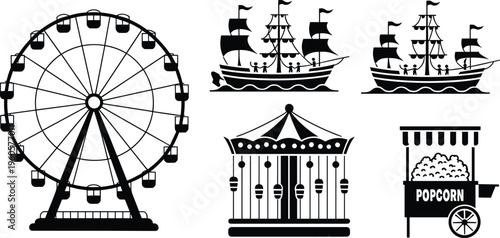 Set of Amusement Park Silhouettes Featuring a Ferris Wheel Carousel Pirate Ship Rides and a Popcorn Food Stand for Carnival Designs