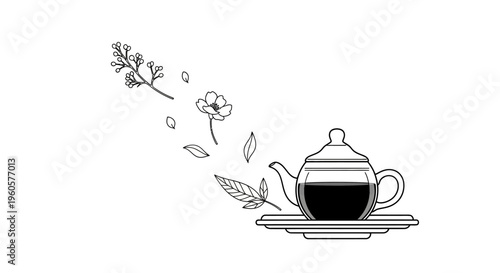 Black and White Teapot with Flowing Leaves and Flowers, Minimalist Design