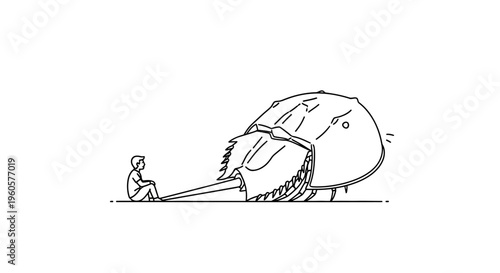 A lone figure observes an enormous horseshoe crab in a minimalist line art illustration exploring
