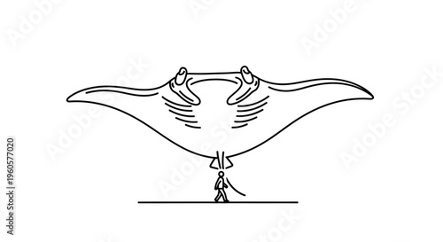 Conceptual line art illustration of a tiny person tethered to a giant manta ray shaped balloon
