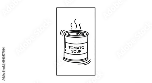 Minimalist monochrome outline of a warm tomato soup can emitting inviting steam