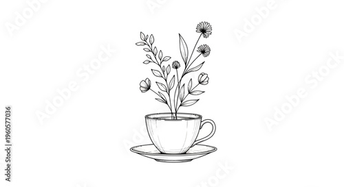 Botanical Tea Cup Illustration: Blooming Flowers Emerging from a Coffee Cup