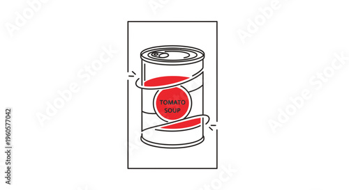 Modern minimalist line art illustration of a classic tomato soup can with clean red accents