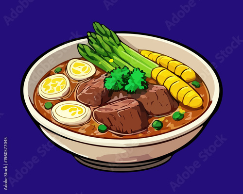 Fluffy Souffle Pancake With Cream Served In Elegant Blue Ceramic Plate - Vector Illustration