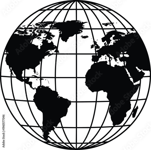 Detailed Black and White World Map Globe Illustration Featuring Detailed Continents and Longitude Latitude Grid Lines for Global Geography and Business