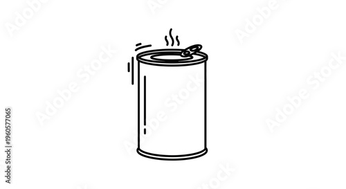 Striking minimalist black and white line illustration of an opened hot beverage or food can