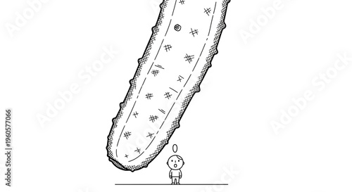 A tiny person observes a colossal textured elongated object descending from above with sheer