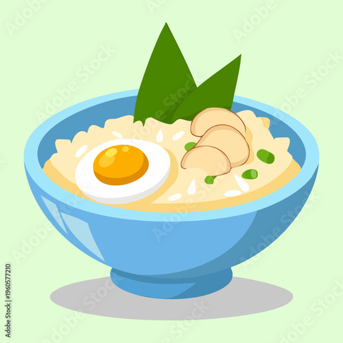 Savory Rice Porridge With Egg And Fresh Herb Garnish In Bowl - Vector Illustration