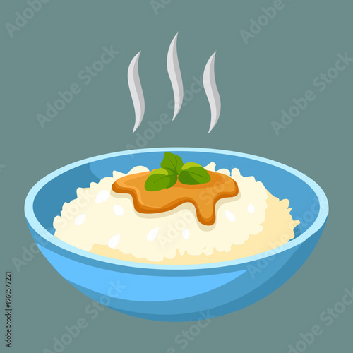 Hot Rice Porridge Topped With Savory Sauce In Blue Ceramic Bowl - Vector Illustration
