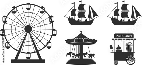 Set of Amusement Park Silhouettes Featuring a Ferris Wheel Carousel Pirate Ship Rides and a Popcorn Stand for Carnival Event Designs