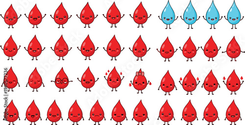 Cute blood drop characters collection with different emotions expressions and medical health cartoon vector illustration set