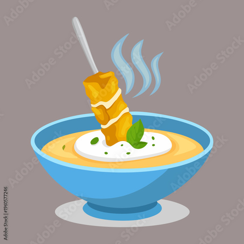 Traditional Satay Sticks In Savory Broth Served In Round Blue Bowl - Vector Illustration