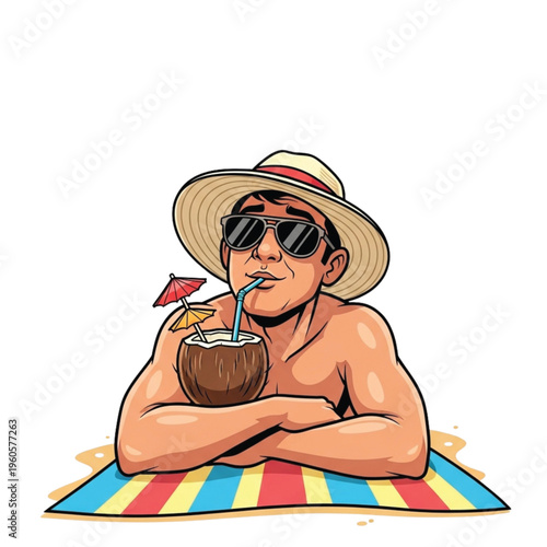 Relaxed man enjoying a tropical coconut drink on a colorful beach towel, embodying leisure and vacation vibes under the sunny sky