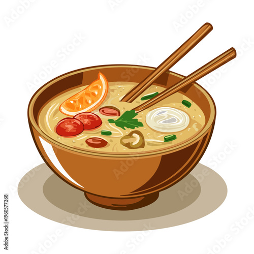 Rich Beef Stew With Fresh Vegetables And Herbs In Ceramic Bowl - Vector Illustration