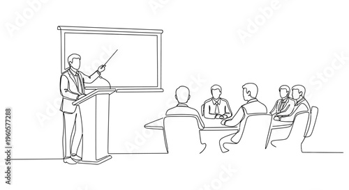 Business meeting presentation: speaker at whiteboard, audience in conference room