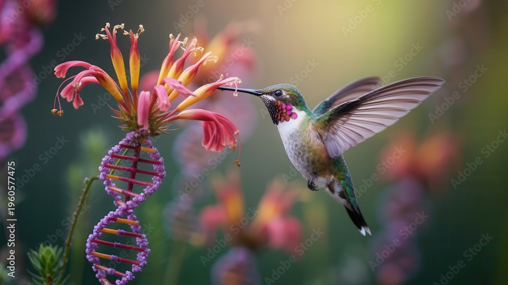 Naklejka premium Hummingbird feeding from vibrant pink flower in garden