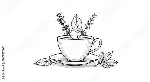 Herbal Tea Cup Drawing with Fresh Leaves and Herbs, Vintage Style