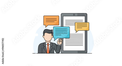 Businessman communicating via digital tablet with speech bubbles, online communication concept