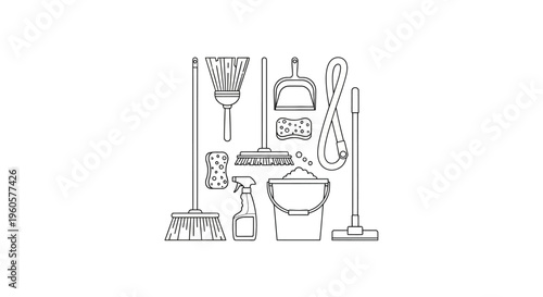 Cleaning supplies set: broom, mop, bucket, spray bottle, dustpan, sponge, brush