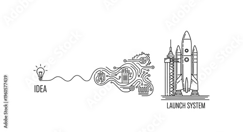 Idea to Launch System: Lightbulb Concept Transforming into Rocket Launch