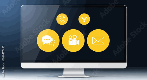 Computer Screen Displaying Communication Icons: Video, Chat, Email, Call, Wi-Fi