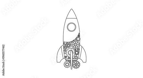 Mechanical Rocket Ship Blueprint with Gears and Cogs, Concept of Innovation