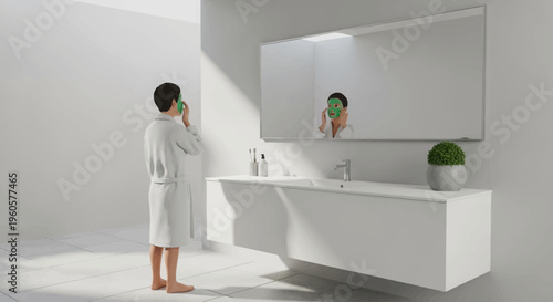 Man Applying Face Mask in Modern Bathroom with Natural Light