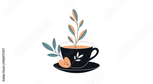 Cozy Black Teacup with Steaming Beverage and Botanical Leaves