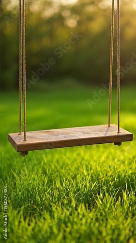 A wooden swing hangs in a sunlit grassy area