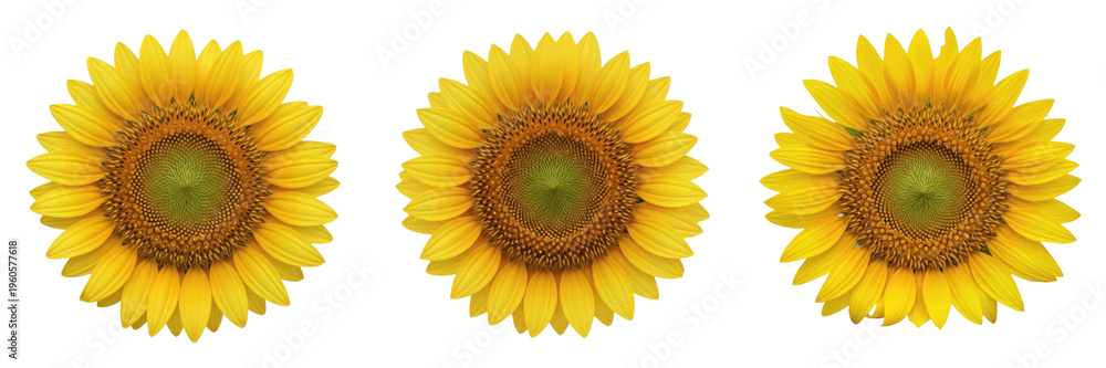 Fototapeta premium Set of three bright yellow sunflower heads helianthus isolated on white background for floral design elements