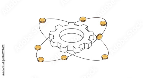 Gear with orbiting coins symbolizing financial technology and digital currency
