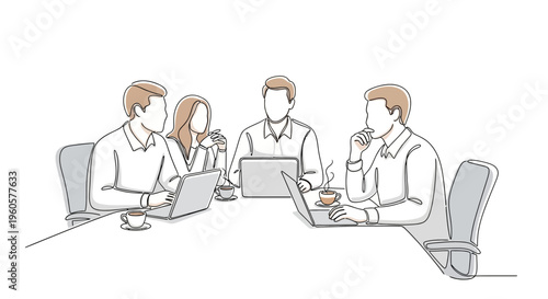 Business Meeting: Diverse Team Collaborating Around Table with Laptops and Coffee