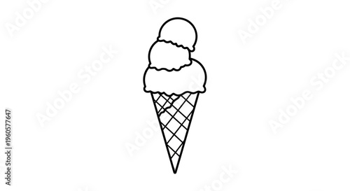 Simple black and white outline drawing of a triple scoop ice cream cone