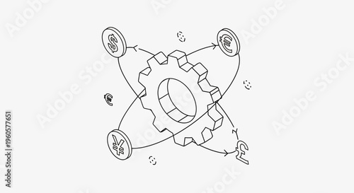 Global Currency Exchange Mechanism: Gear and Currency Symbols