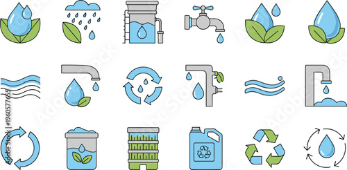 Water Conservation and Recycling Icon Set Featuring Water Drops, Faucets, Recycling Arrows, and Eco-Friendly Designs for Sustainability Graphics
