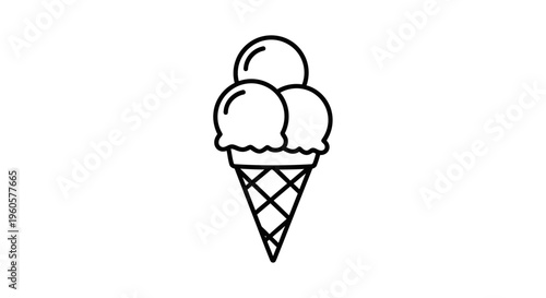 Simple line art of a triple scoop ice cream cone in a waffle cone.