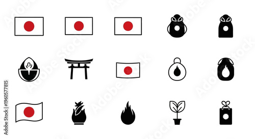 Japan Icons: Flag, Torii Gate, Fire, Plant, Gift Box, and Abstract Shapes
