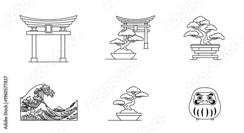 Japanese Cultural Icons: Torii Gate, Bonsai Trees, Daruma Doll, and Wave Art