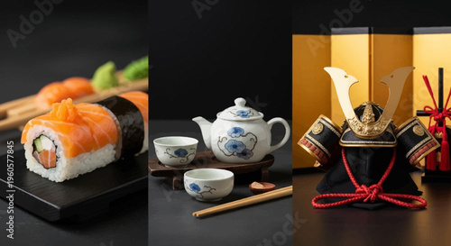 Japanese Cuisine and Culture Collage: Sushi, Tea Set, and Samurai Helmet
