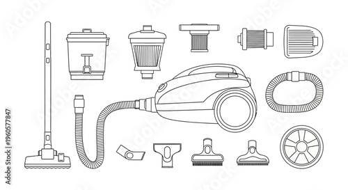 Vacuum Cleaner Parts and Accessories Line Art Illustration