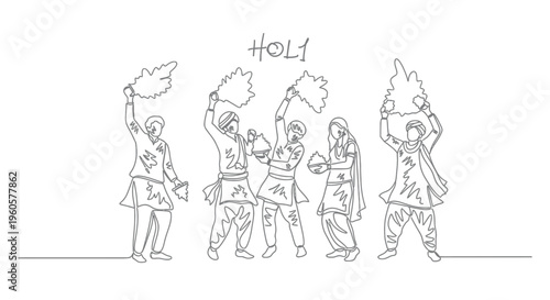 Holi Festival Celebration: People Dancing and Throwing Colors Line Art