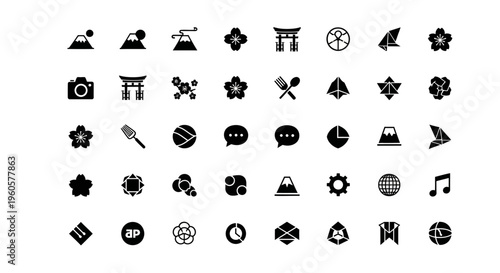 Japanese Culture Icons: Mount Fuji, Torii Gate, Cherry Blossoms, Camera, Food, Music, and More
