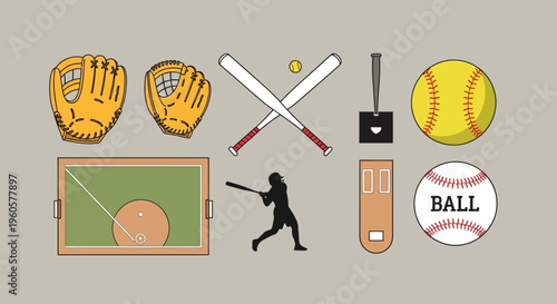 Baseball and Softball Equipment Icons: Field, Bats, Balls, Gloves, Player Silhouette