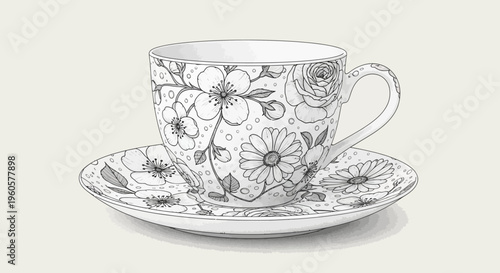 Hand-drawn floral teacup and saucer, elegant vintage line art illustration