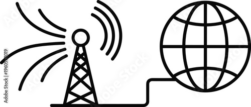 Global Communication Network Illustration Featuring a Wireless Transmission Tower Connected to a World Globe Outline for Telecommunications and Internet Technology