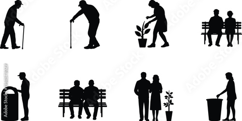 Set of Park Activity Silhouettes Featuring Elderly People Walking with Canes Sitting on Benches Gardening and Disposing Trash in Bins
